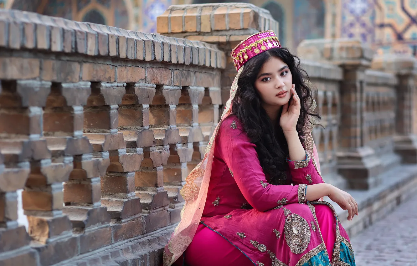 Photo wallpaper look, girl, style, brunette, the fence, beauty, Asian, sitting