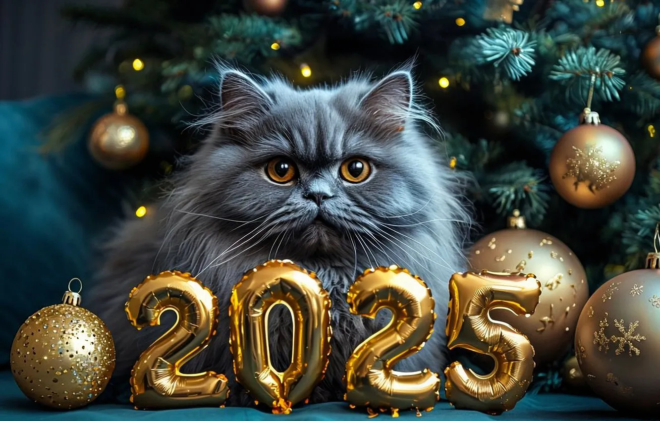 Photo wallpaper holiday, tree, new year, pussy, kitty, happy new year, Christmas decorations, digital art