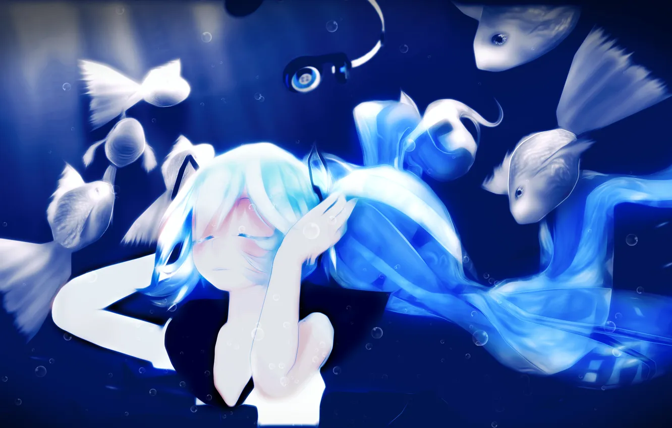 Photo wallpaper girl, fish, bubbles, art, vocaloid, under water, Vocaloid, bottle miku