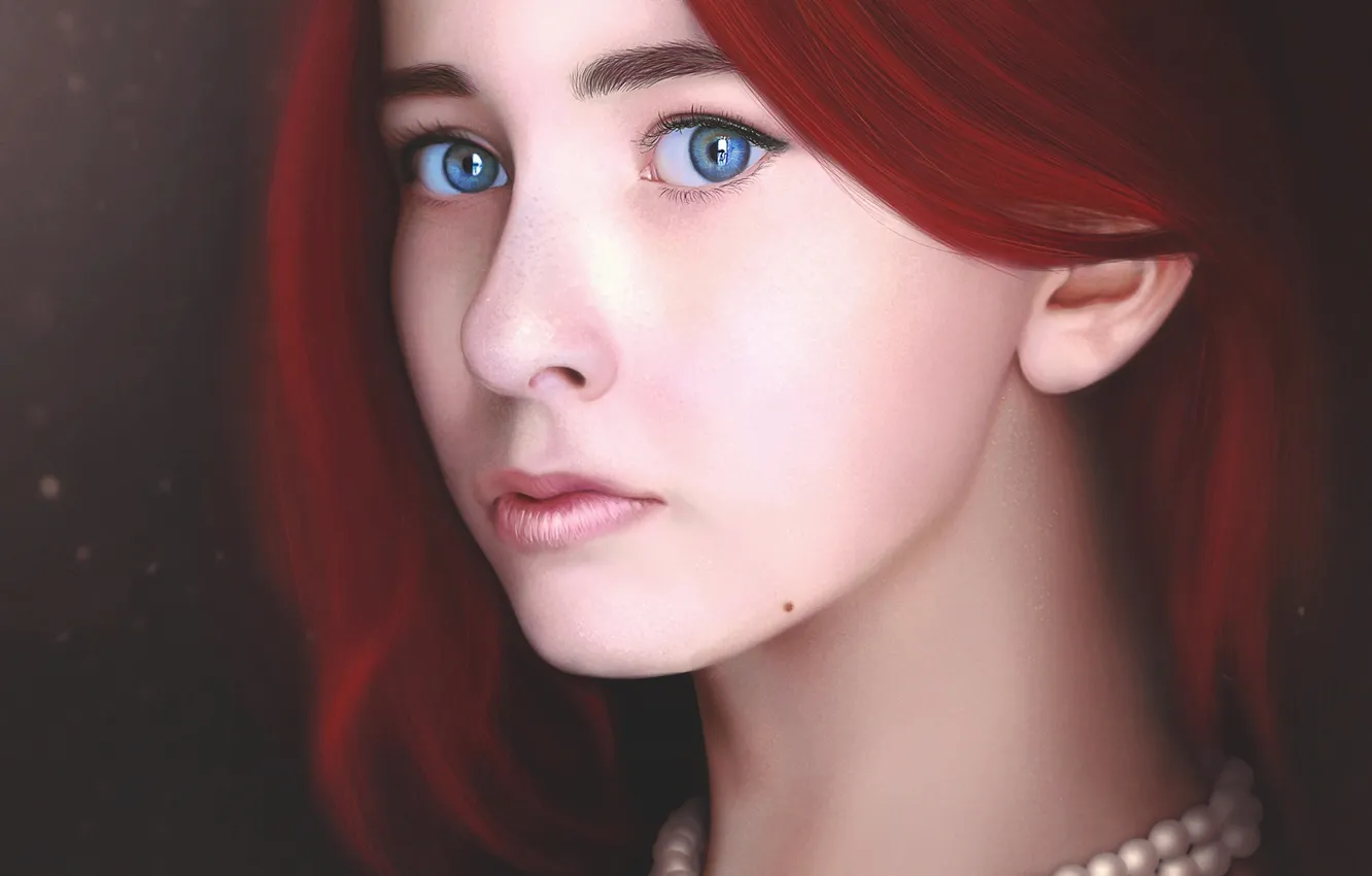 Photo wallpaper look, girl, face, art, beads, red hair