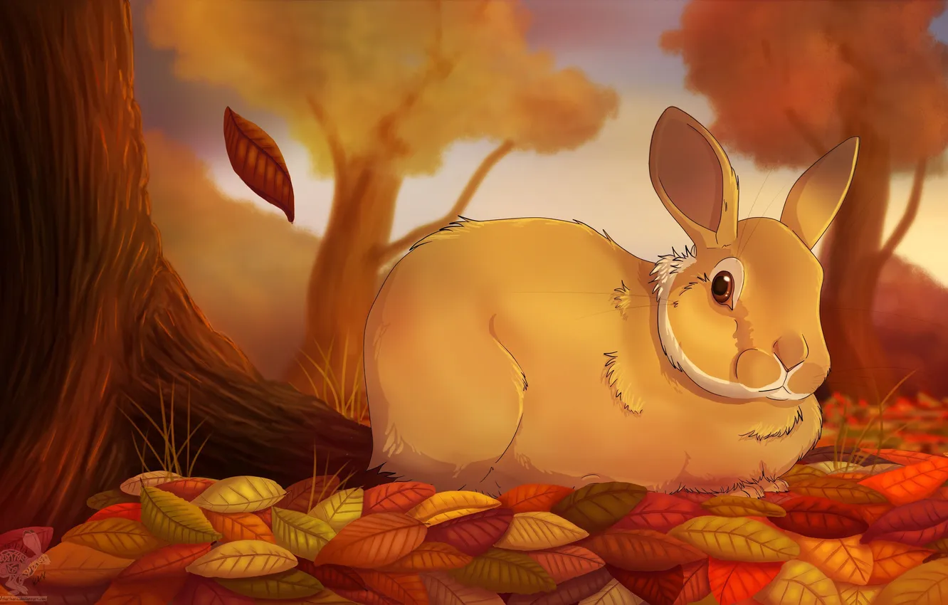 Photo wallpaper autumn, trees, foliage, hare, leaves