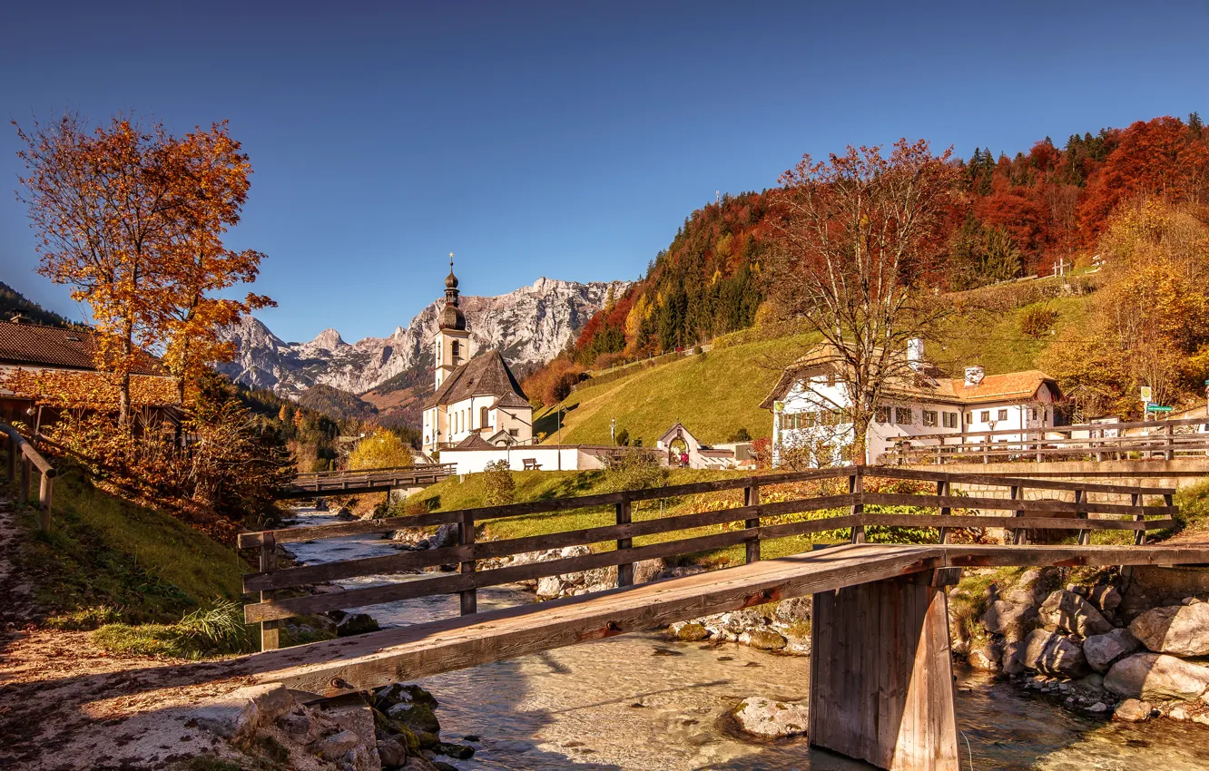 Photo wallpaper autumn, trees, mountains, bridge, house, river, Germany, Bayern