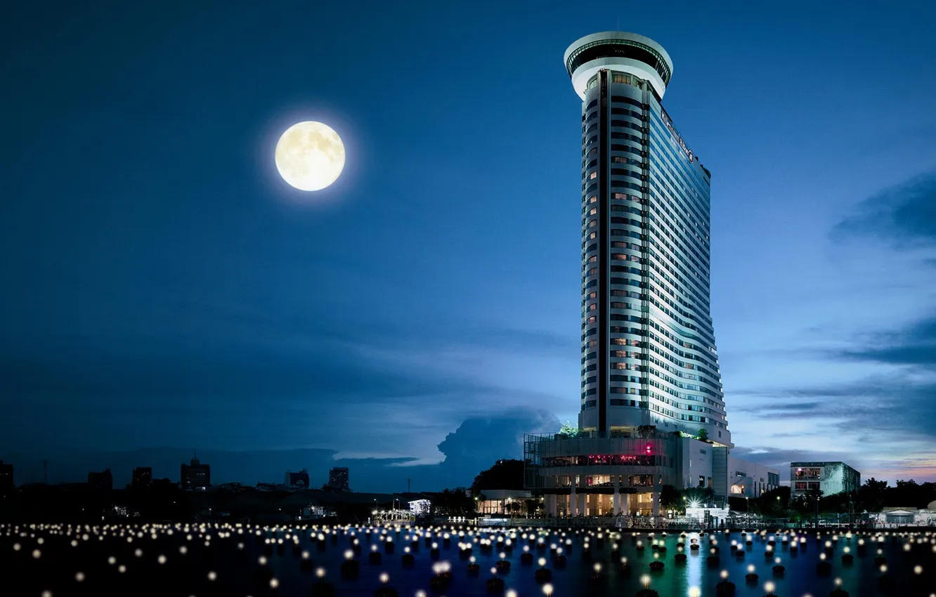 Photo wallpaper Moon, skyline, sky, night, skyscraper, dusk, horizon, building