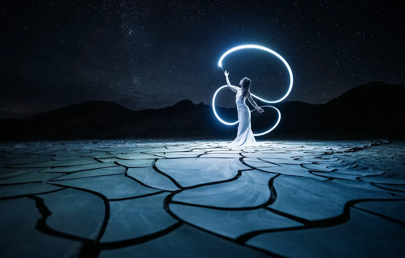 Photo wallpaper girl, stars, light, line, landscape, night, nature, cracked