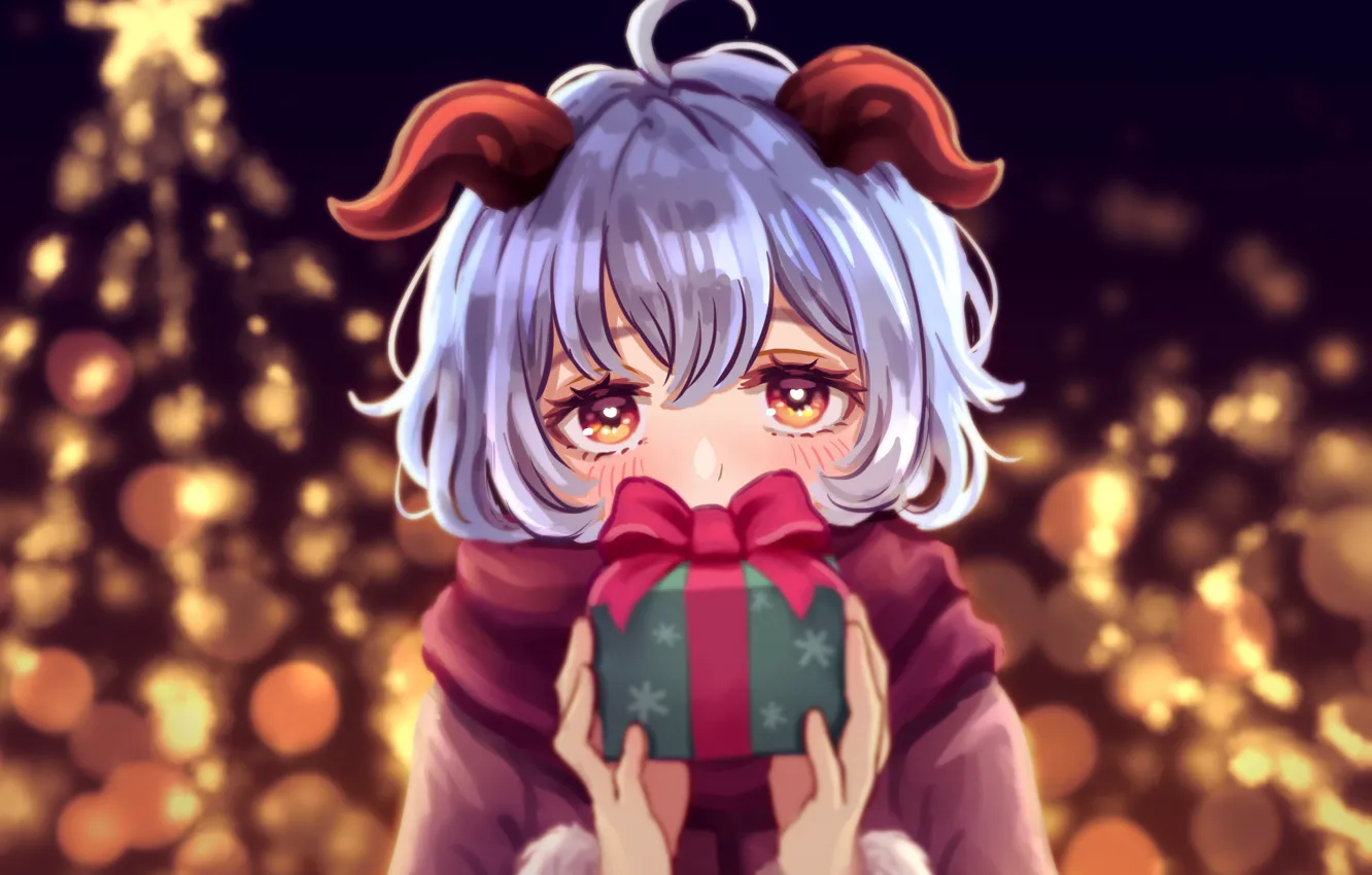 Photo wallpaper girl, lights, gift, tree, horn, Genshin Impact, Ganyu