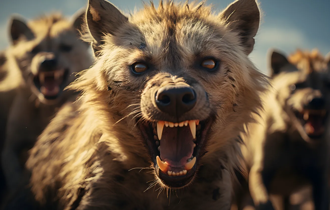 Photo wallpaper look, face, fangs, grin, hyena, digital art, AI art, The Art of Artificial Intelligence
