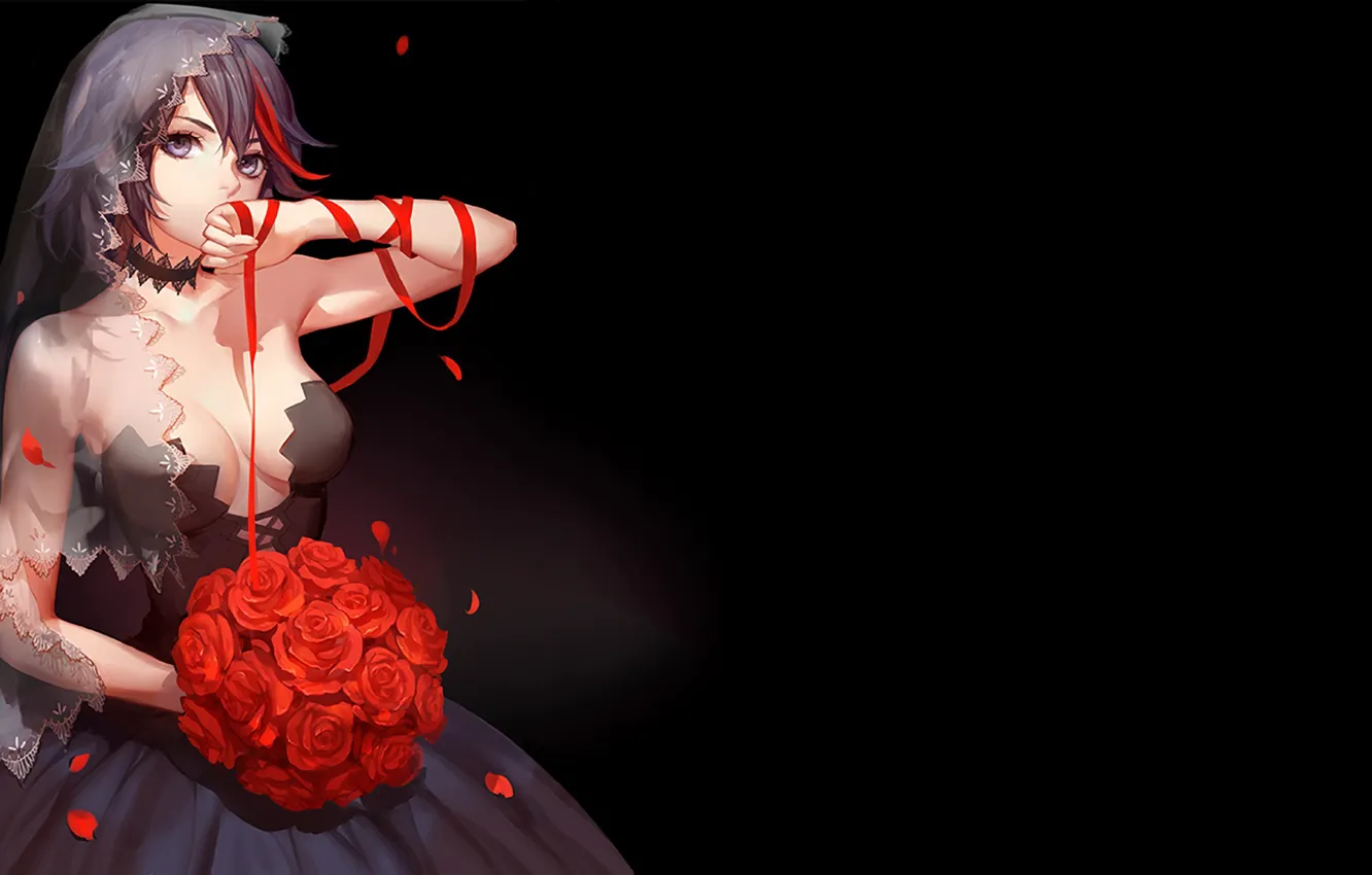 Photo wallpaper neckline, corset, veil, black background, rose petals, wedding dress, red ribbon, red roses
