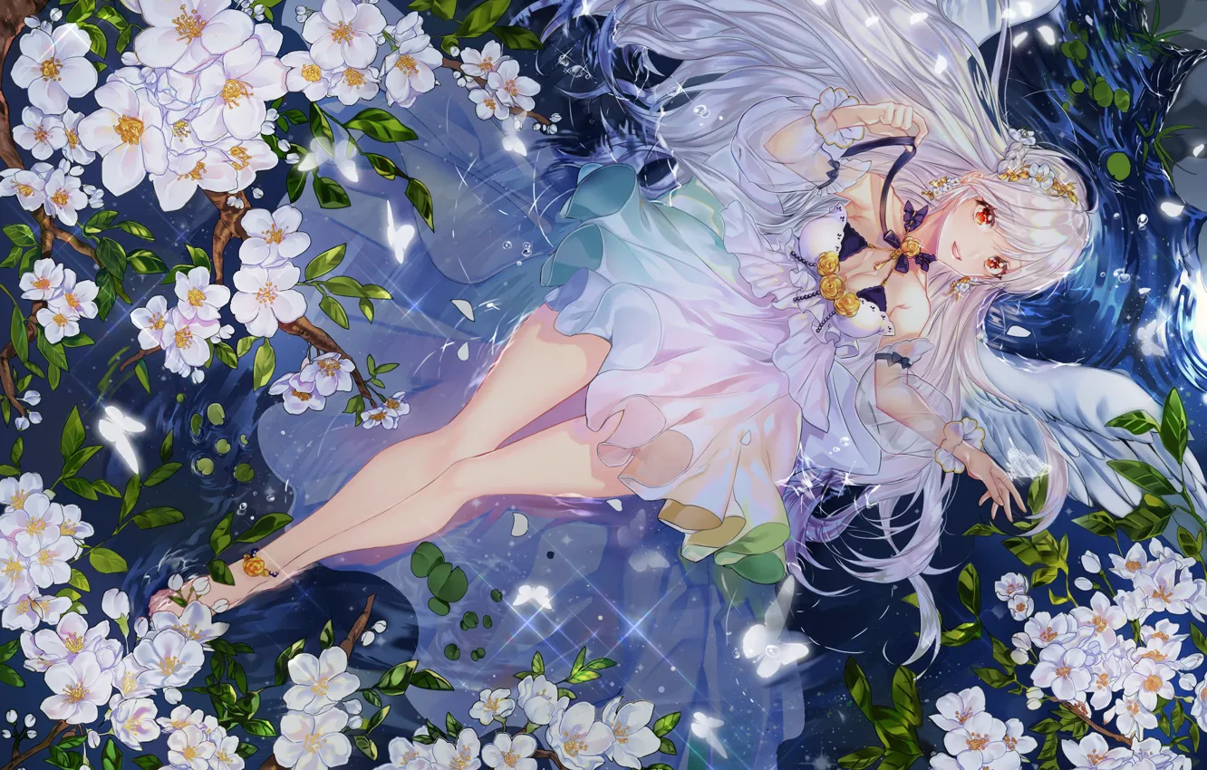 Photo wallpaper water, girl, flowers, angel, art, kimpeul