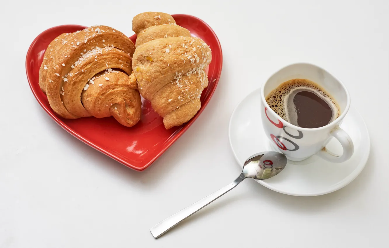 Photo wallpaper coffee, Cup, drink, cakes, croissant