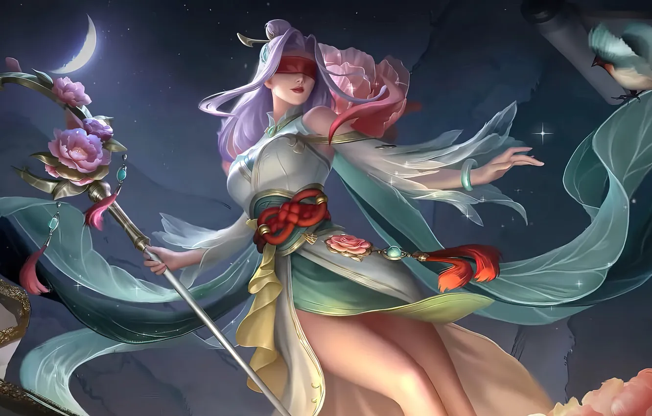 Photo wallpaper girl, flowers, bird, fantasy, staff, Crescent, Mobile Legends: Bang Bang!, Pharsa