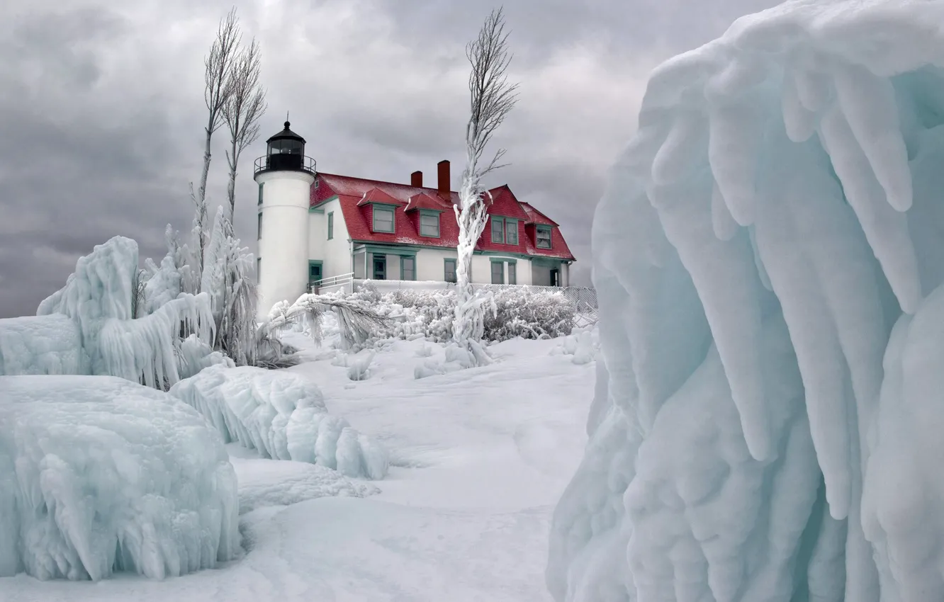 Photo wallpaper ice, winter, the sky, clouds, snow, lighthouse, home