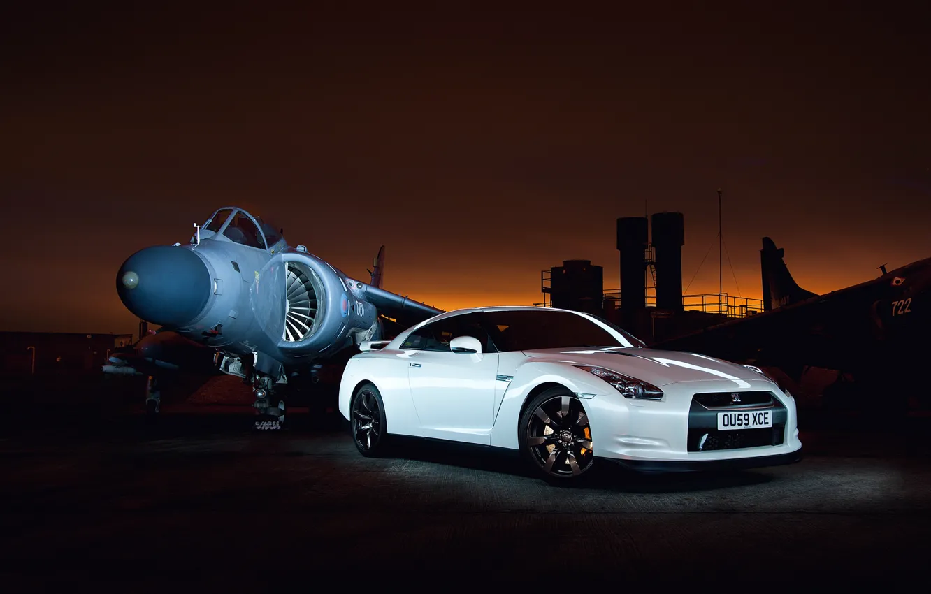 Photo wallpaper white, sunset, excerpt, GTR, Nissan, the airfield, aircraft, Godzilla