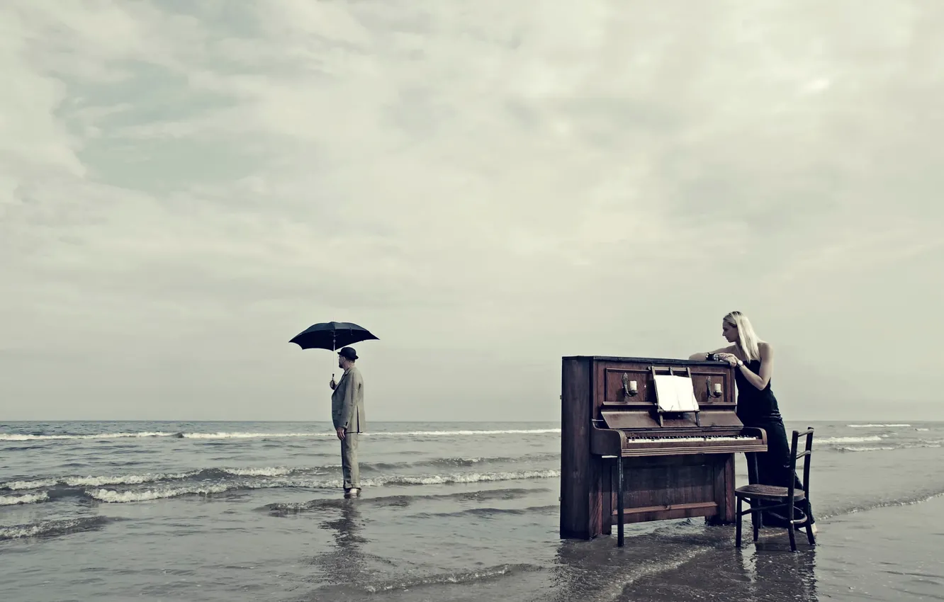 Photo wallpaper girl, shore, umbrella, male, piano