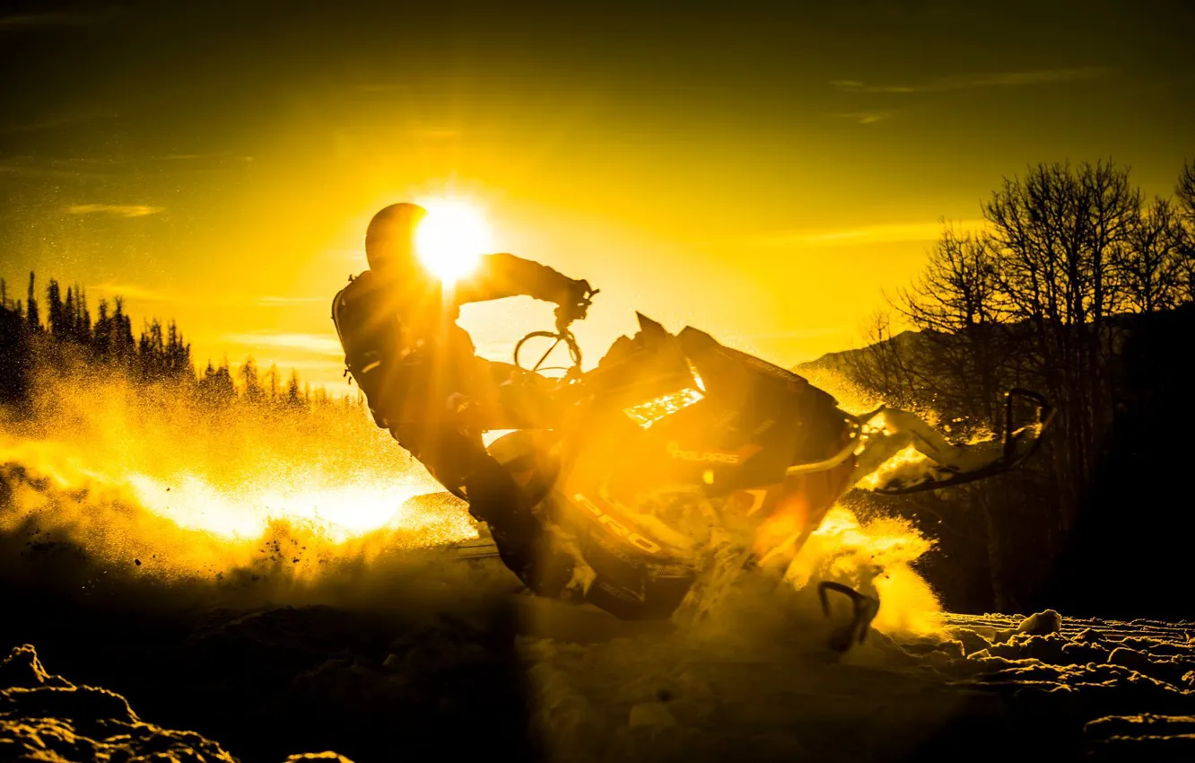 Photo wallpaper snow, dawn, snowmobile, Polaris