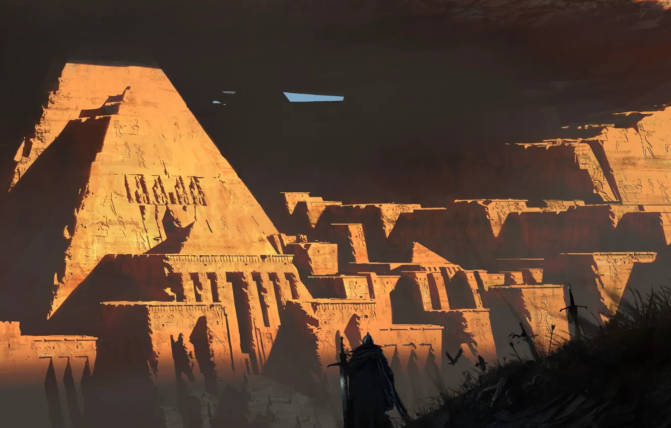 Photo wallpaper sunset, construction, warrior, sunset, ruins