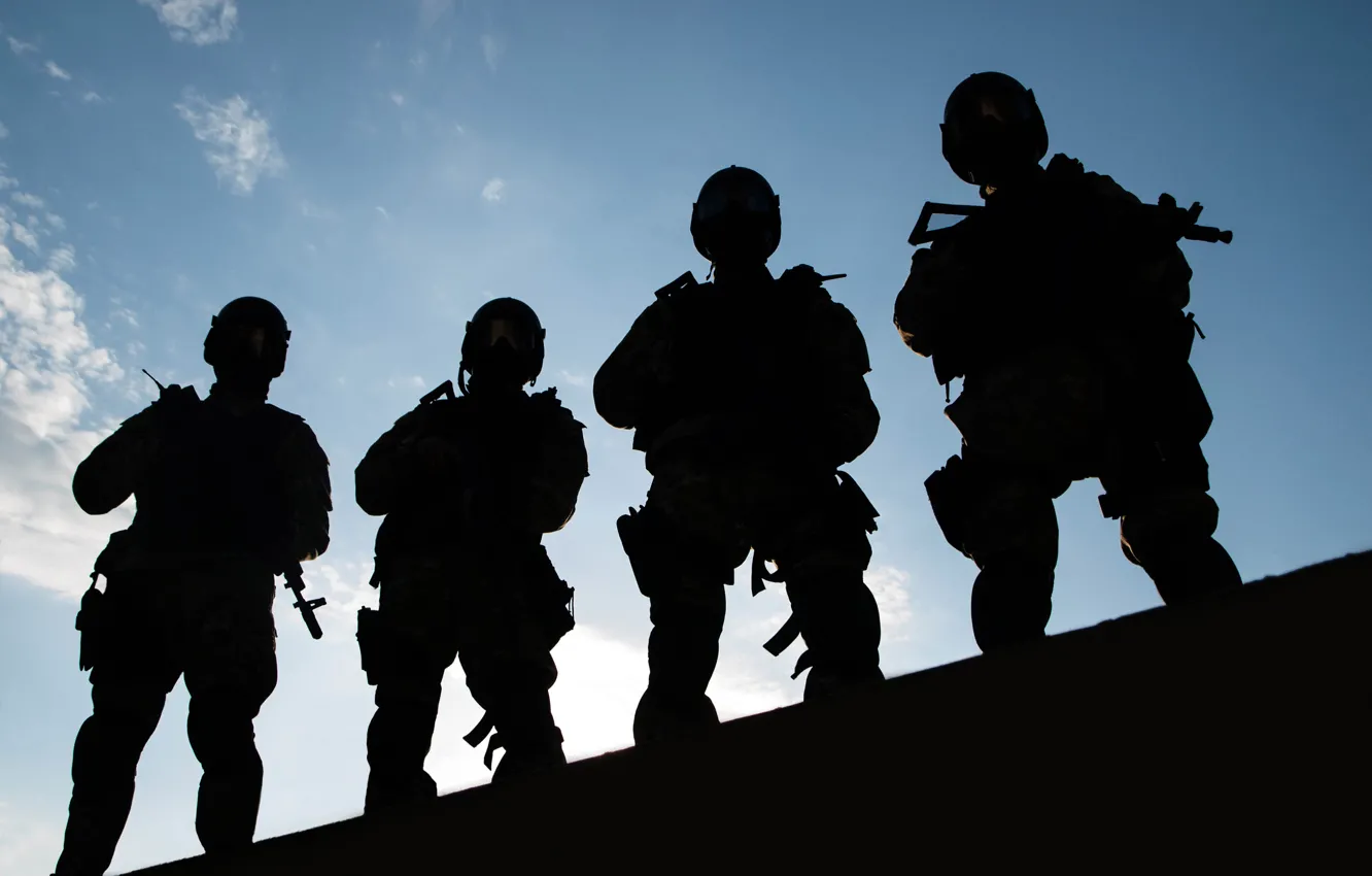 Photo wallpaper weapons, silhouette, team, police, special forces, equipment, fighter, four