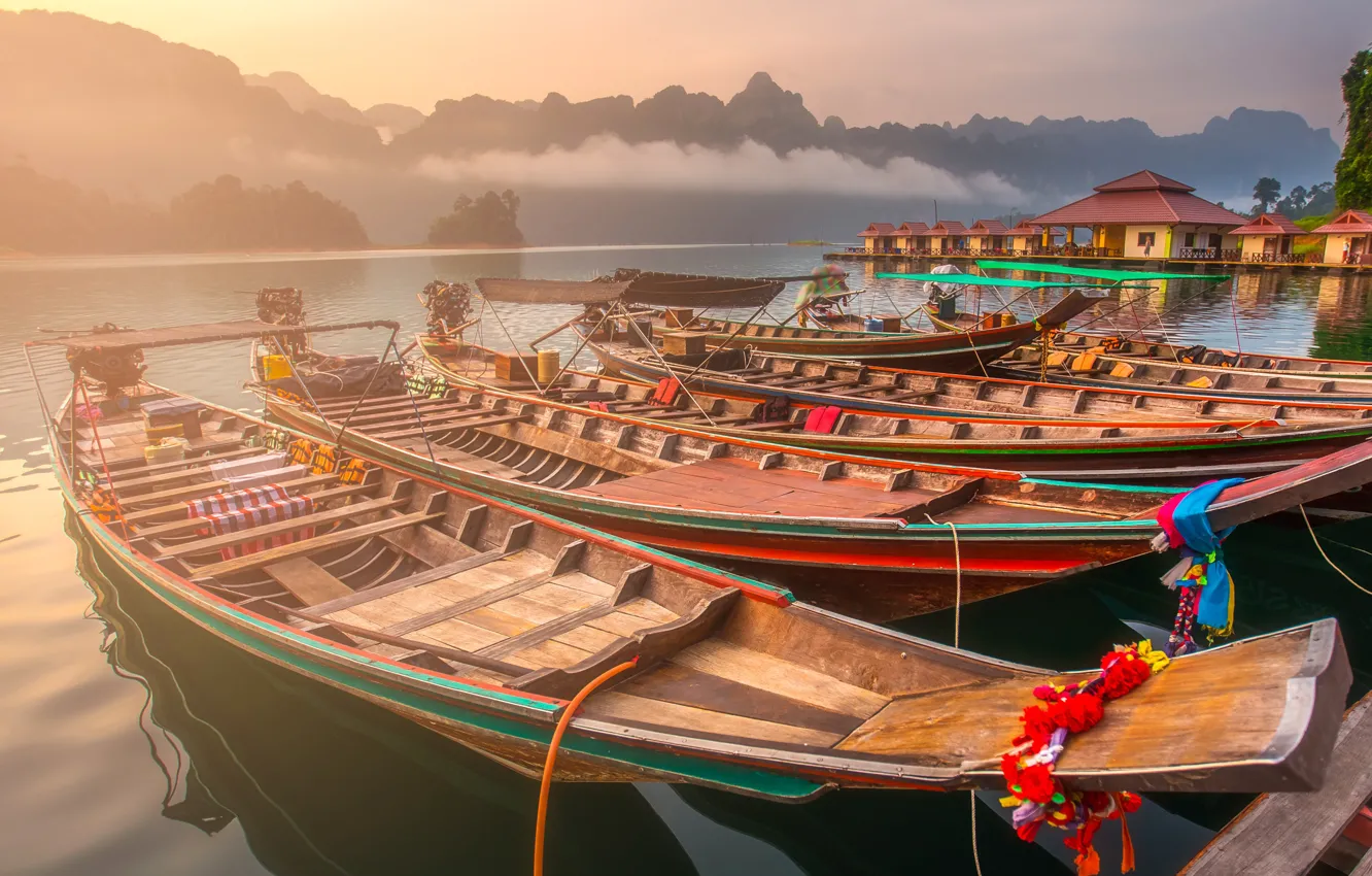 Photo wallpaper mountains, fog, lake, boats, morning, pier, Thailand, Cheow Lan Lake