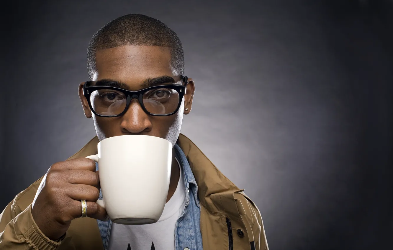 Photo wallpaper the dark background, glasses, mug, Tinie Tempah