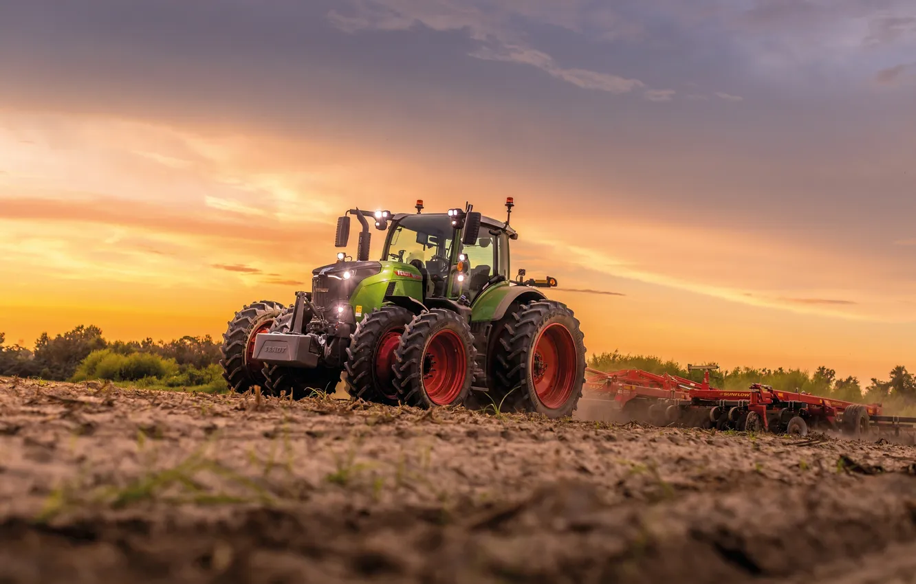 Photo wallpaper field, tractor, plowing