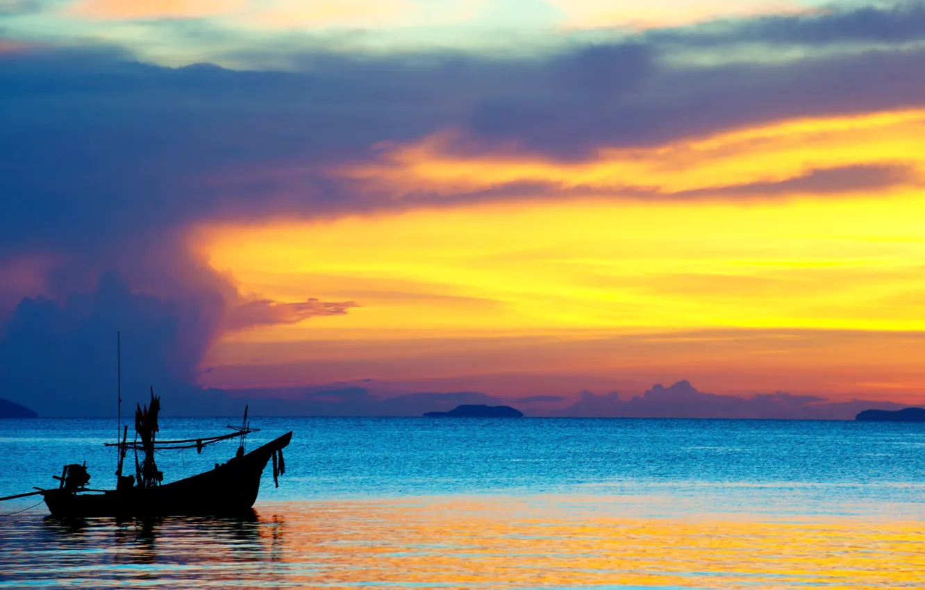 Photo wallpaper sea, sunset, boat, the evening
