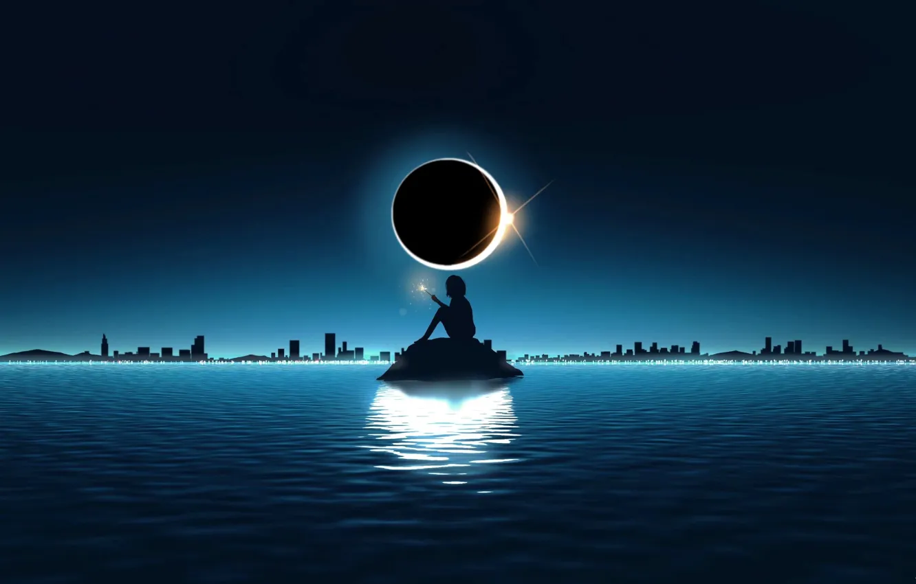 Photo wallpaper water, girl, the city, stone, Eclipse, sitting, Sparkler