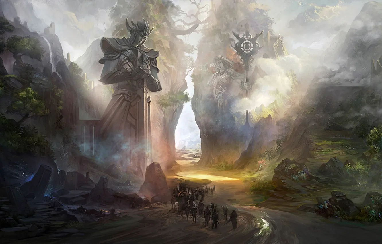 Photo wallpaper trees, stones, art, rider, statue, guardians