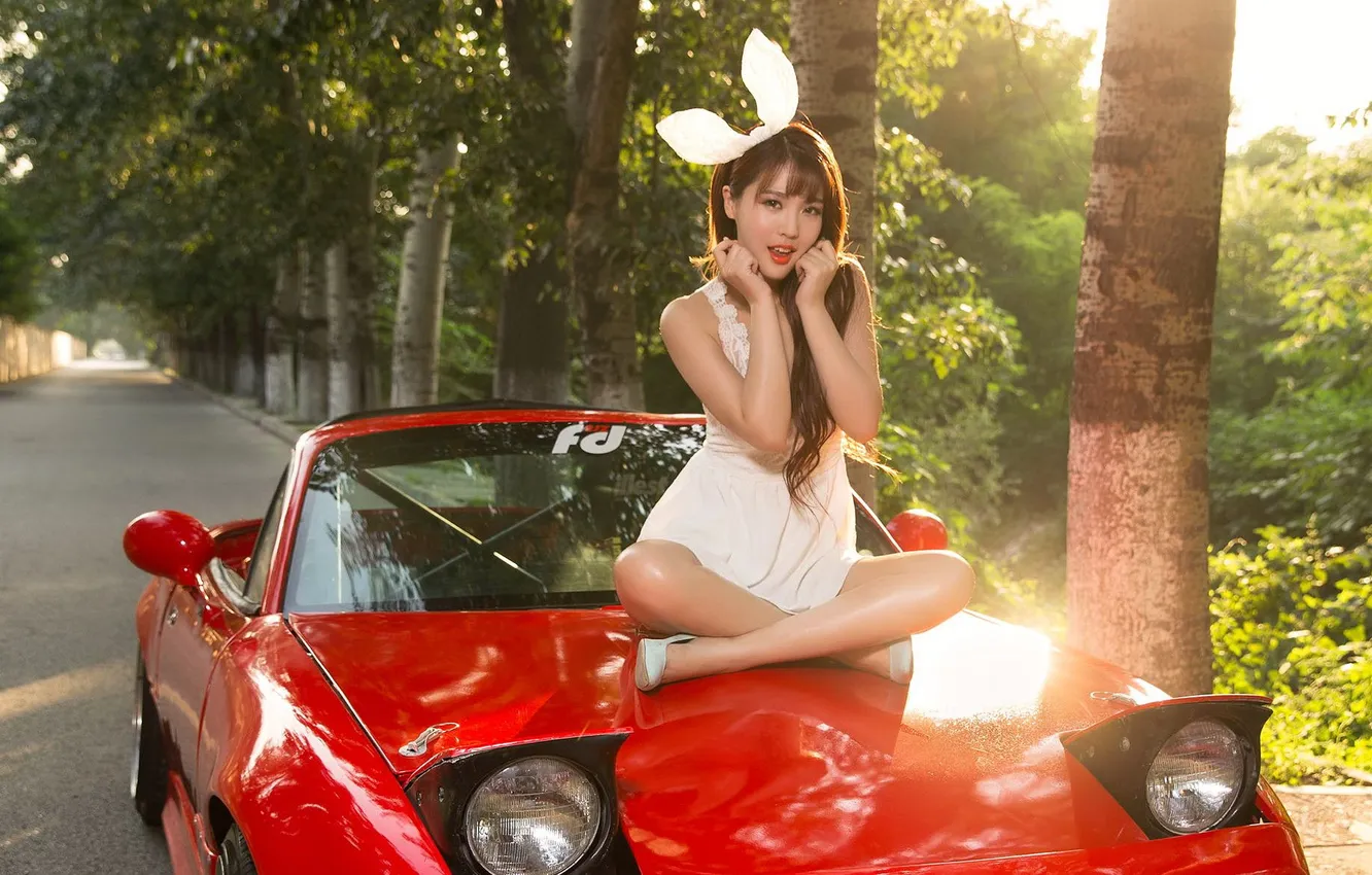 Photo wallpaper trees, Asian, car, Bunny, white dress, cutie, ears, asian