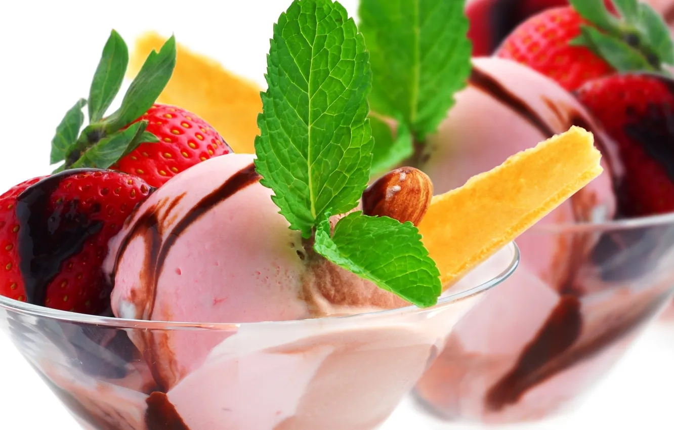 Photo wallpaper berries, strawberry, ice cream, vase, mint, dessert