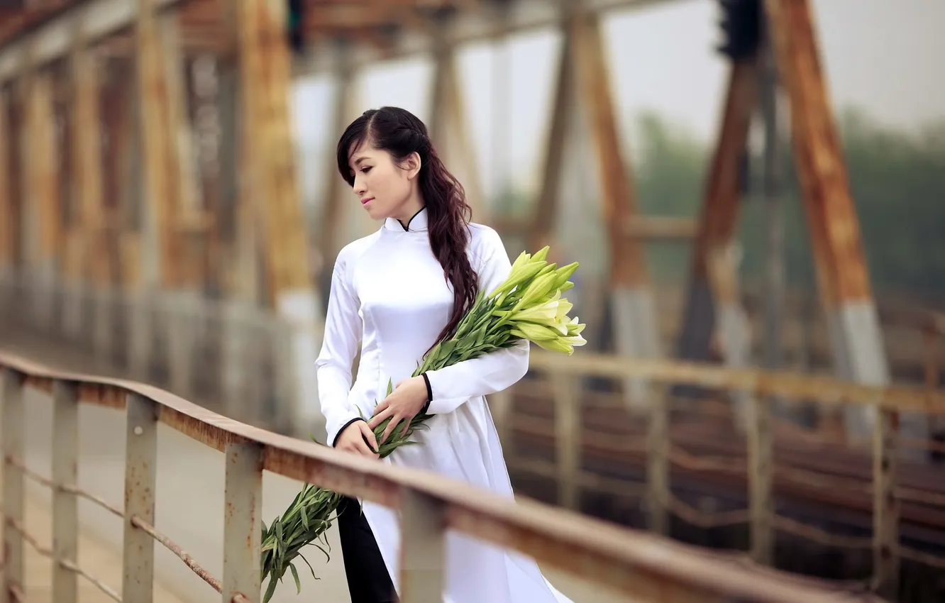 Photo wallpaper girl, flowers, bridge, Asian