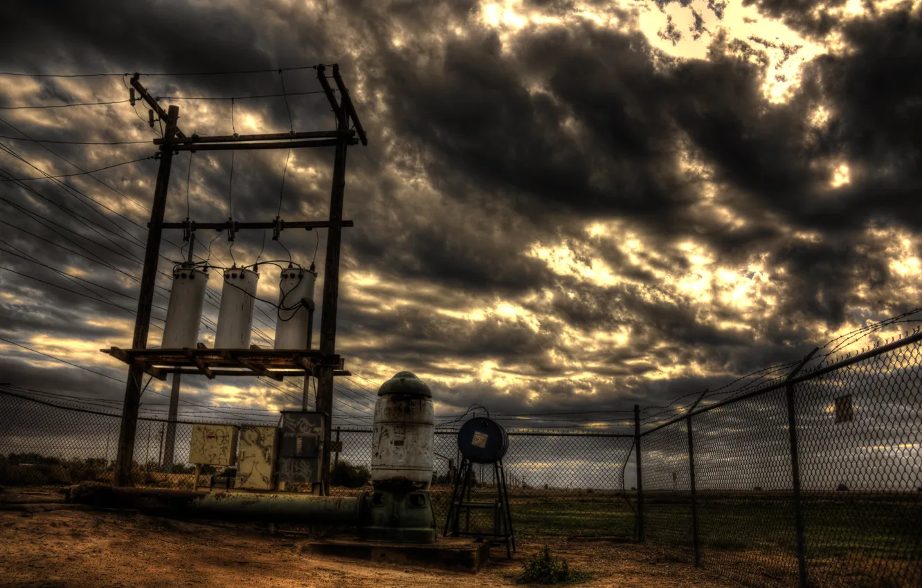Photo wallpaper the sky, clouds, line, the fence, power, TRANSFORMER