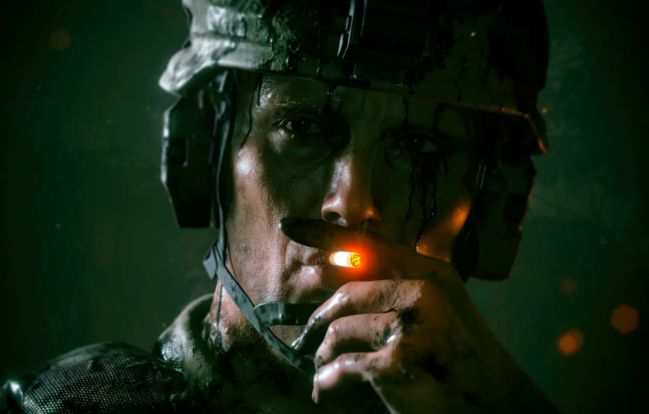 Photo wallpaper look, face, the game, hands, soldiers, cigarette, game, helmet