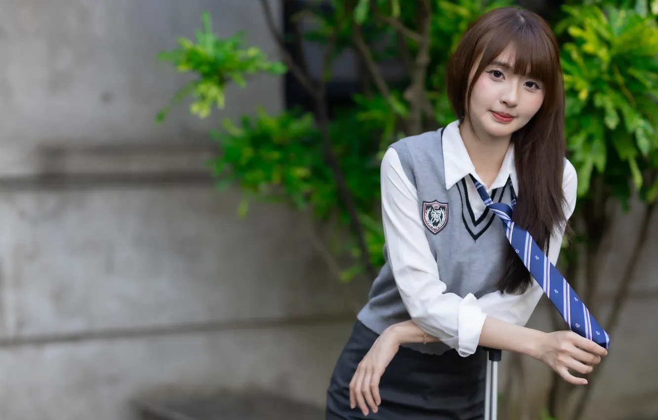 Photo wallpaper look, girl, Asian, uniform