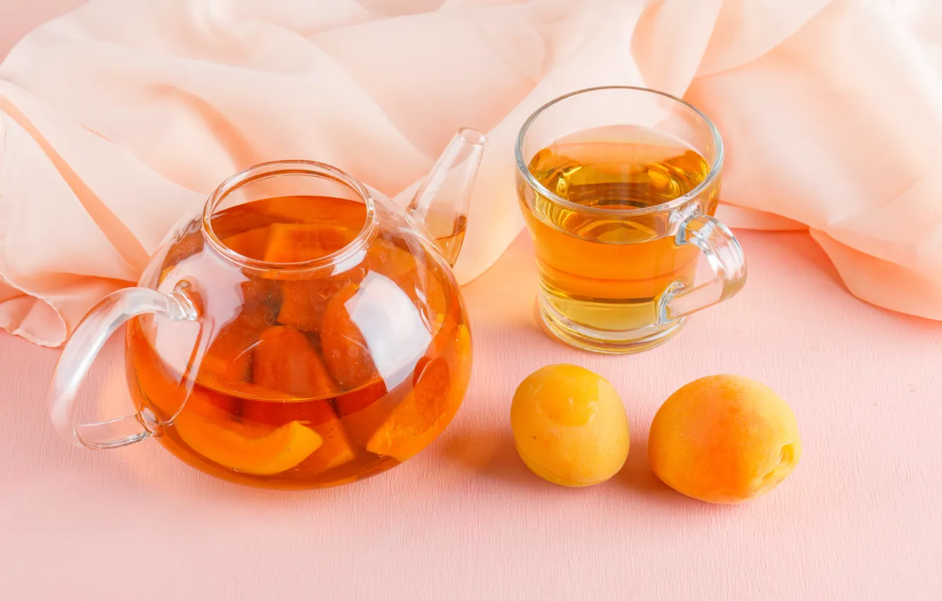 Photo wallpaper glass, tea, kettle, mug, Cup, fabric, drink, fruit
