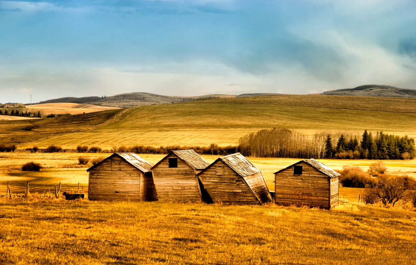 Photo wallpaper hills, field, sheds
