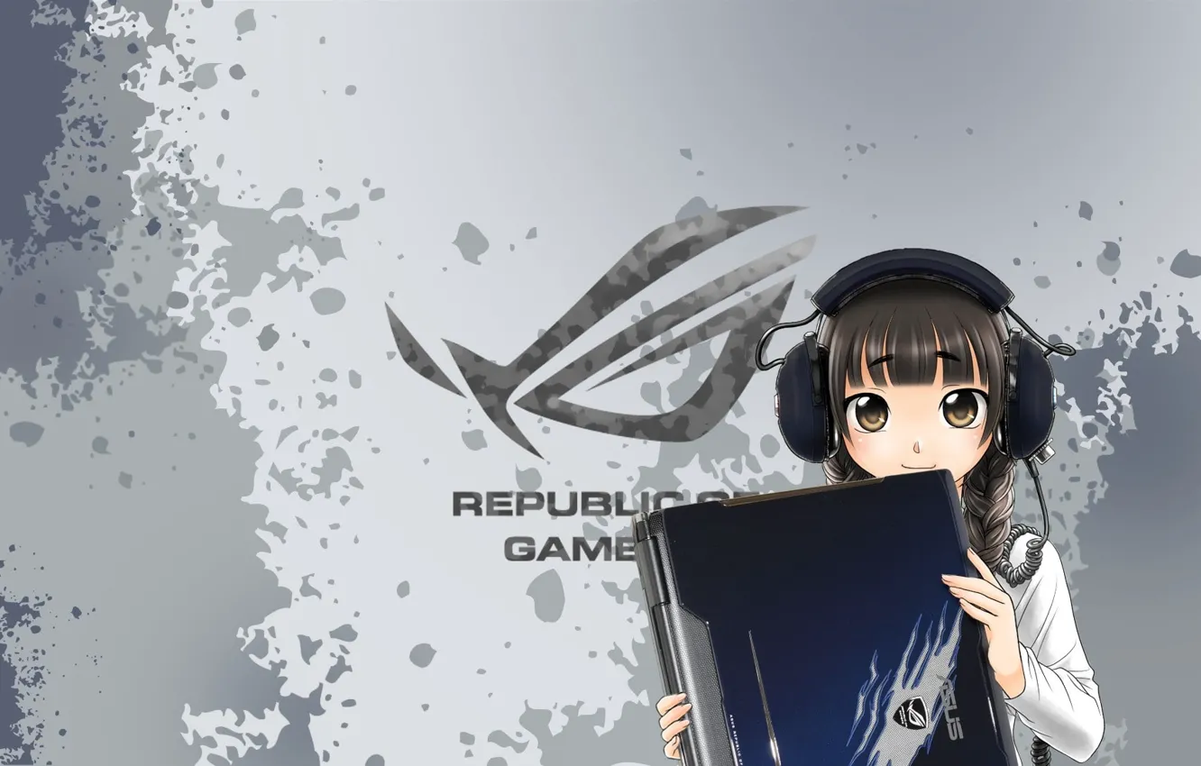 Photo wallpaper look, logo, anime, headphones, high-tech, laptop, logo, grey background
