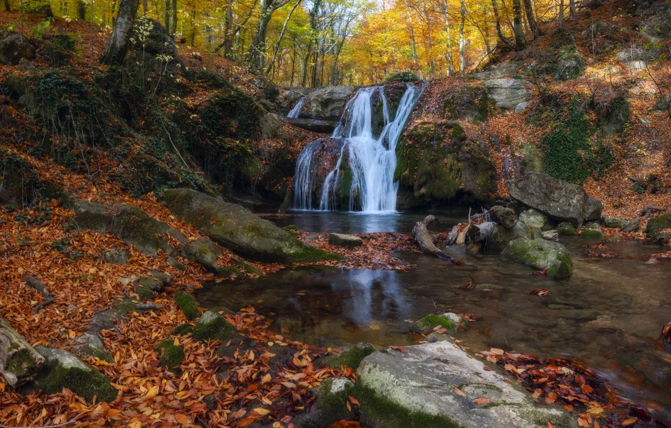 Photo wallpaper autumn, forest, rocks, waterfall