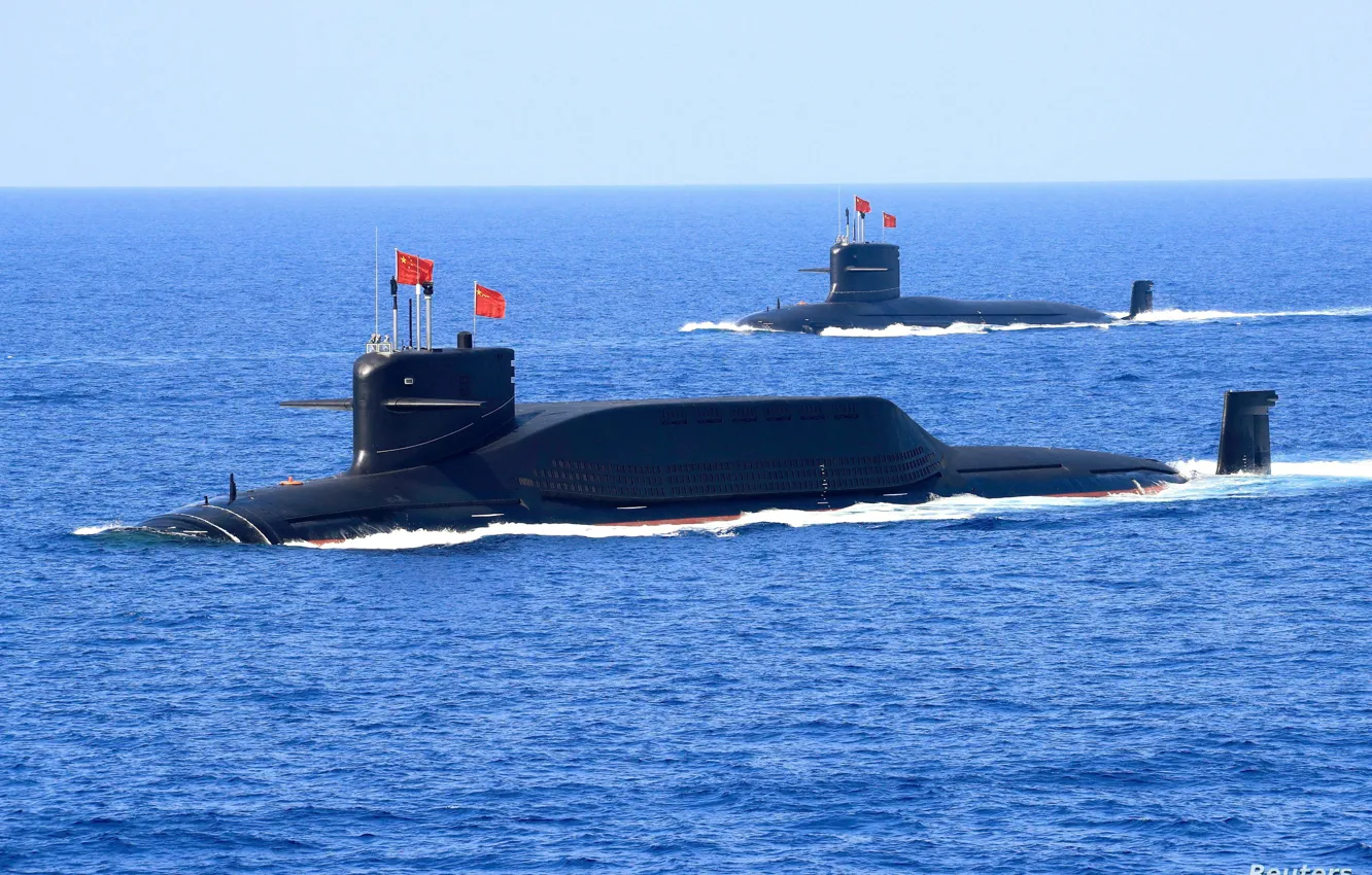 Photo wallpaper Wave, Flag, SSBN, Nuclear submarine, THE CHINESE NAVY, Submarines of project 094 "Jin"