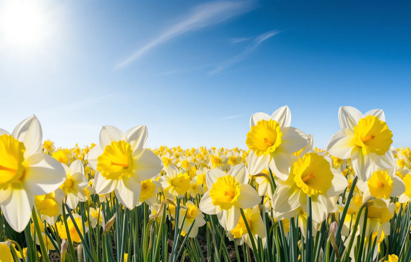 Photo wallpaper field, flowers, spring, sunshine, flowering, blossom, flowers, daffodils