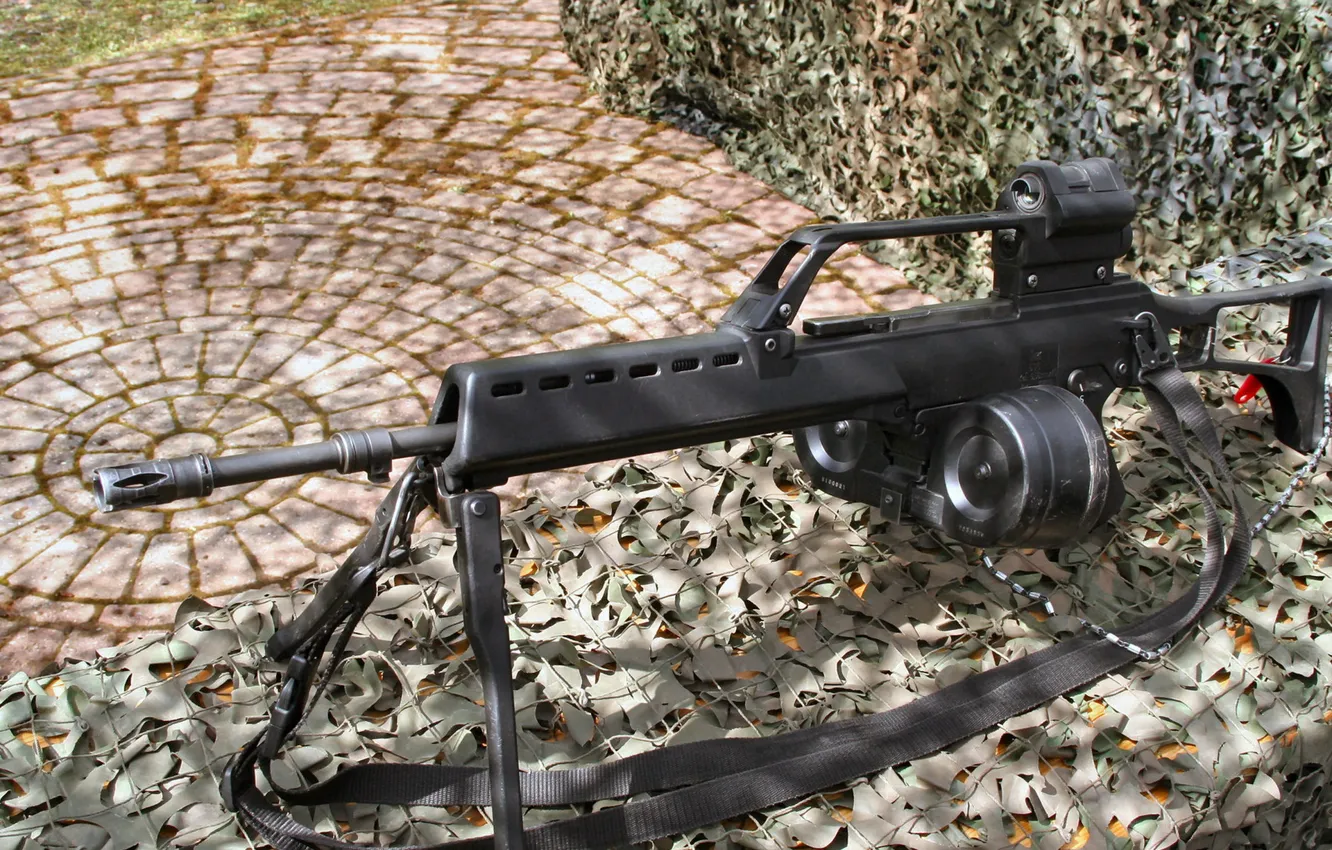 Photo wallpaper mesh, exhibition, sight, machine gun, manual, camouflage