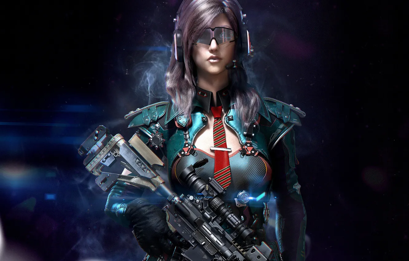 Photo wallpaper girl, rendering, weapons, cyberpunk