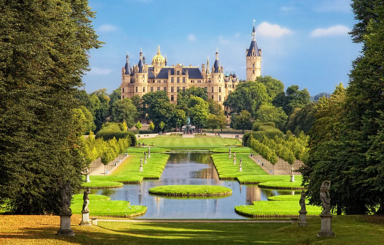 Photo wallpaper pond, Park, castle, Germany, Germany, sculpture, Schwerin Castle