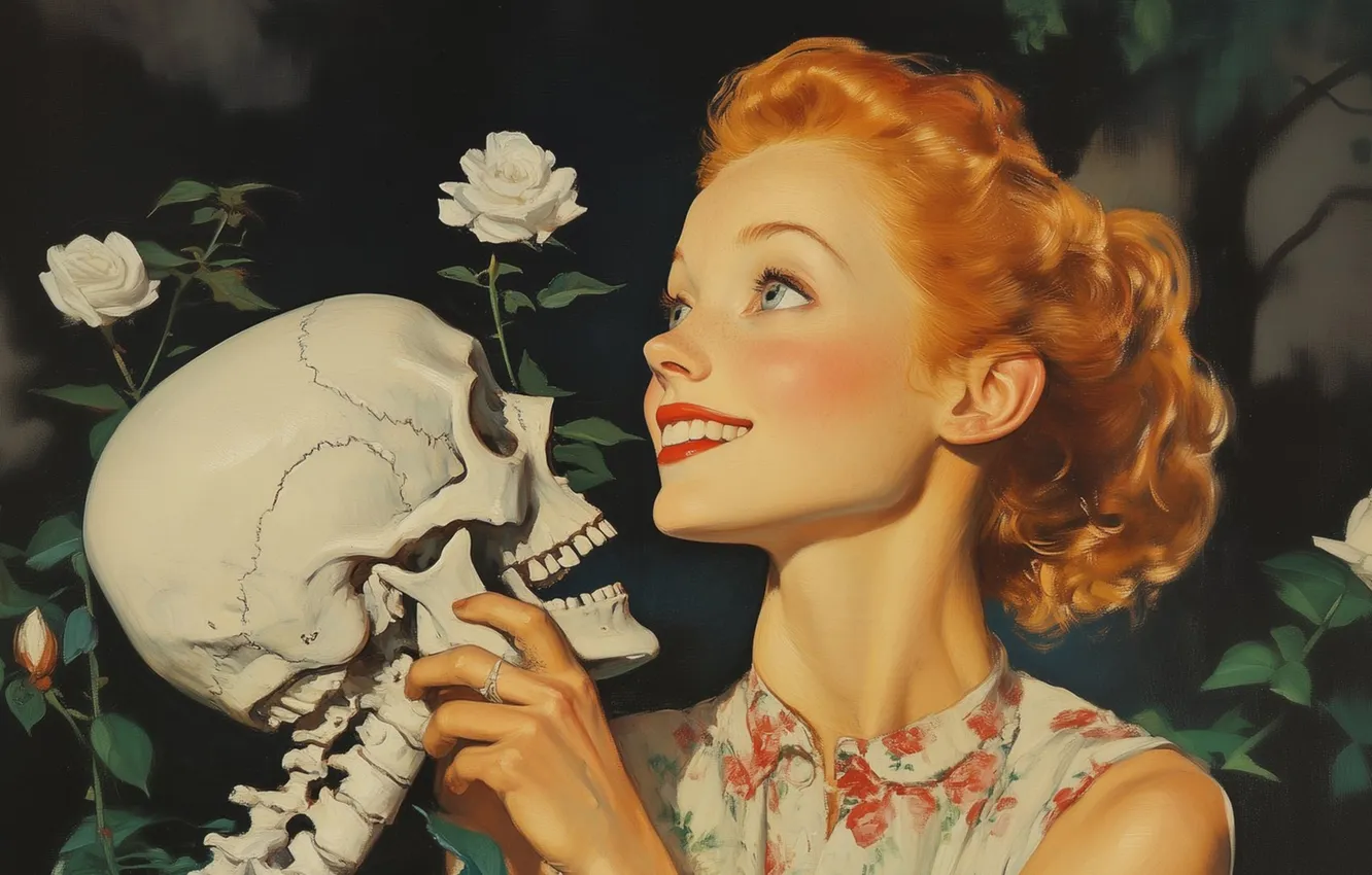 Photo wallpaper girl, skull, roses, stylized painting