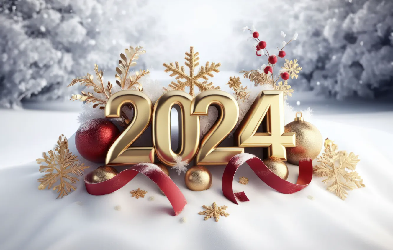 Photo wallpaper new year, figures, golden, snow, New Year, decoration, numbers, 2024