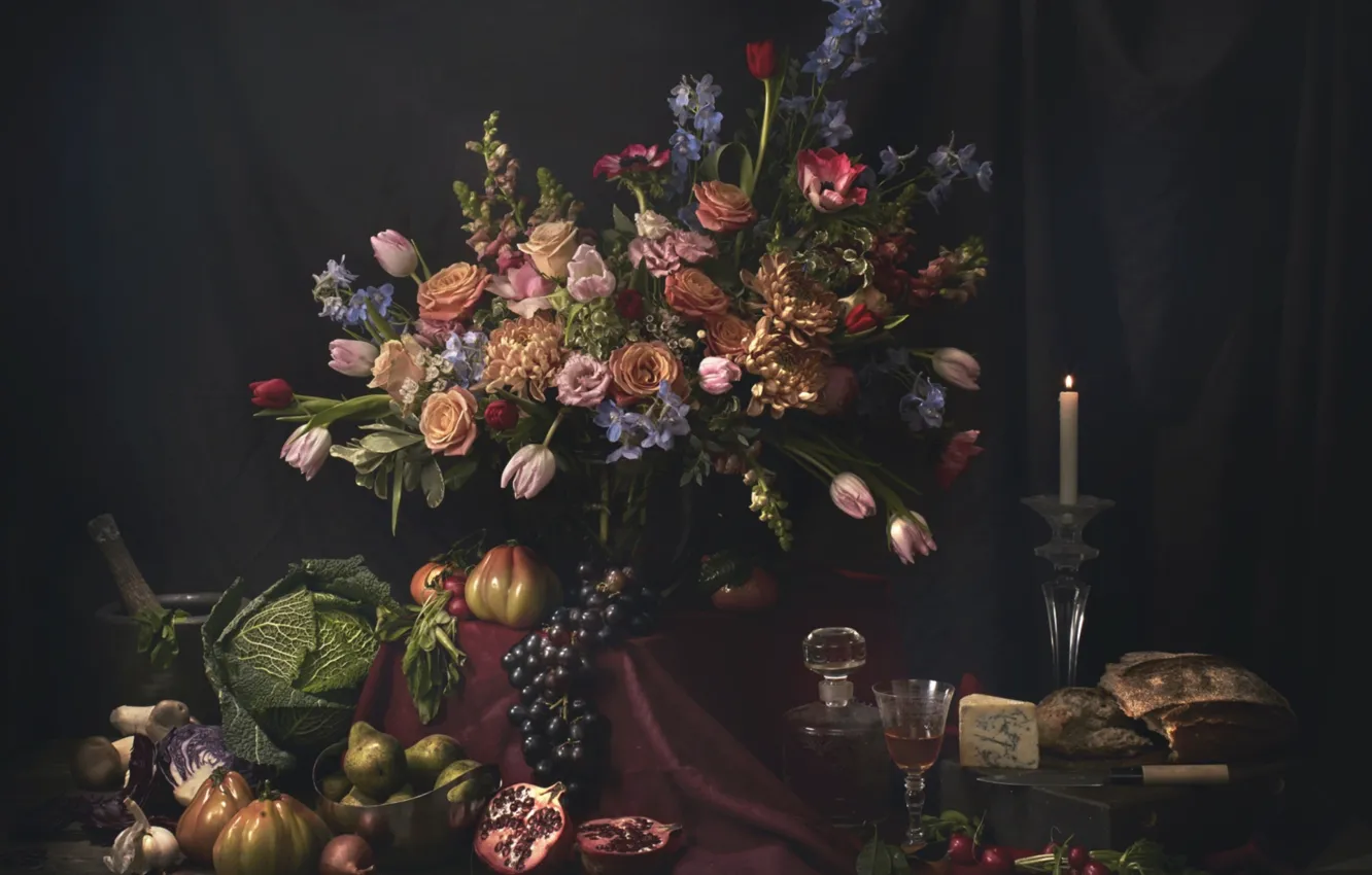 Photo wallpaper flowers, wine, roses, bouquet, candles, cheese, bread, grapes