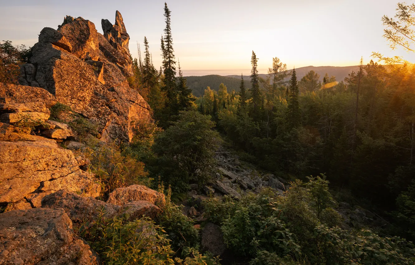 Photo wallpaper sunset, mountains, view, rocks