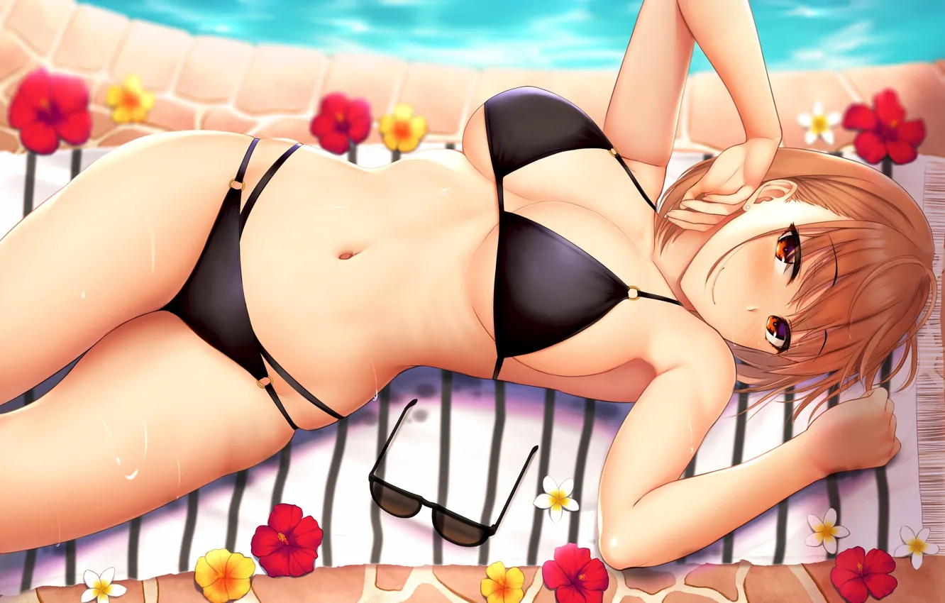 Photo wallpaper girl, sexy, pool, cleavage, boobs, anime, flowers, beautiful