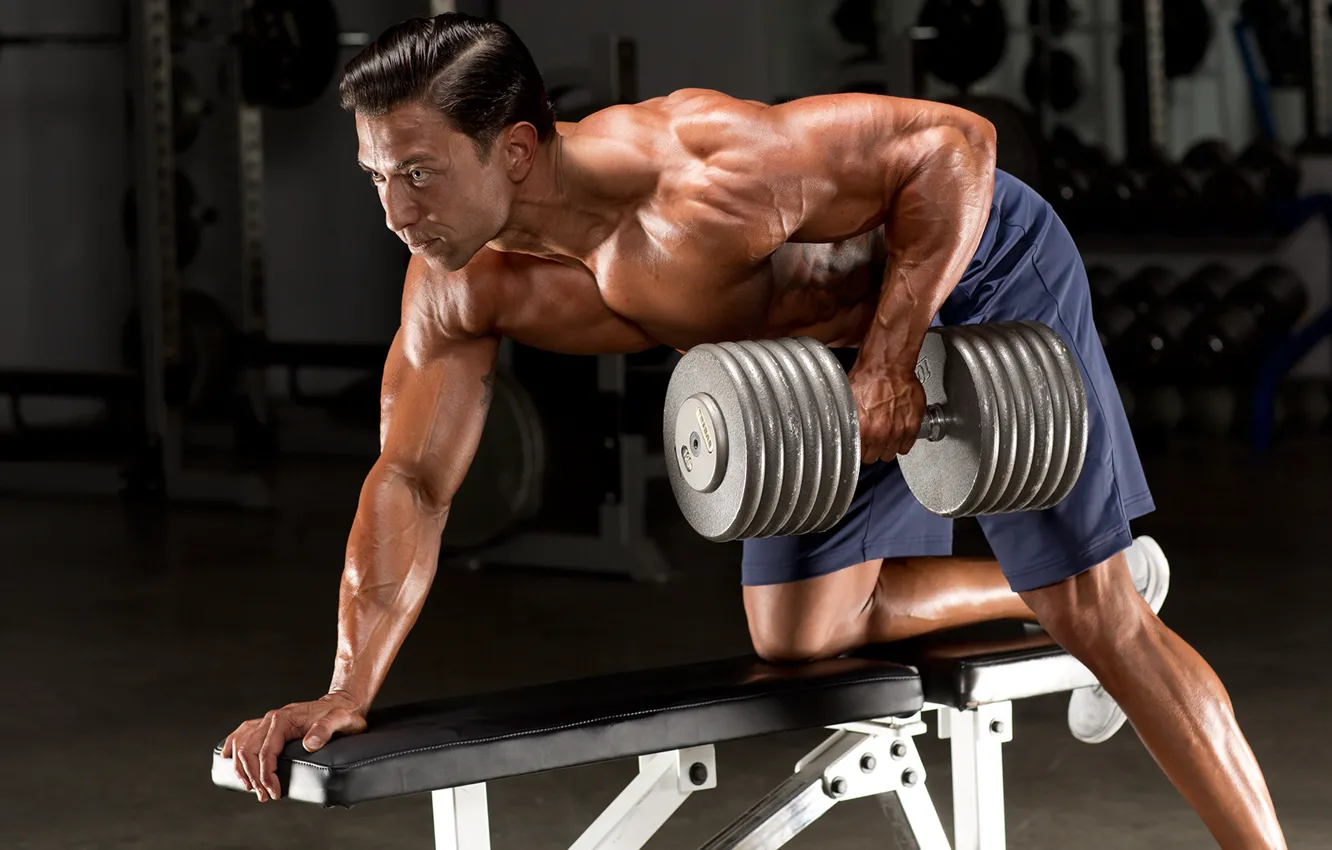 Photo wallpaper gym, bodybuilding, dumbbell, bodybuilder, back exercises