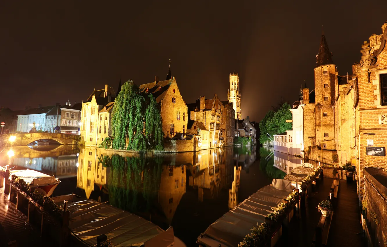 Photo wallpaper the sky, night, bridge, lights, home, channel, Belgium, Bruges
