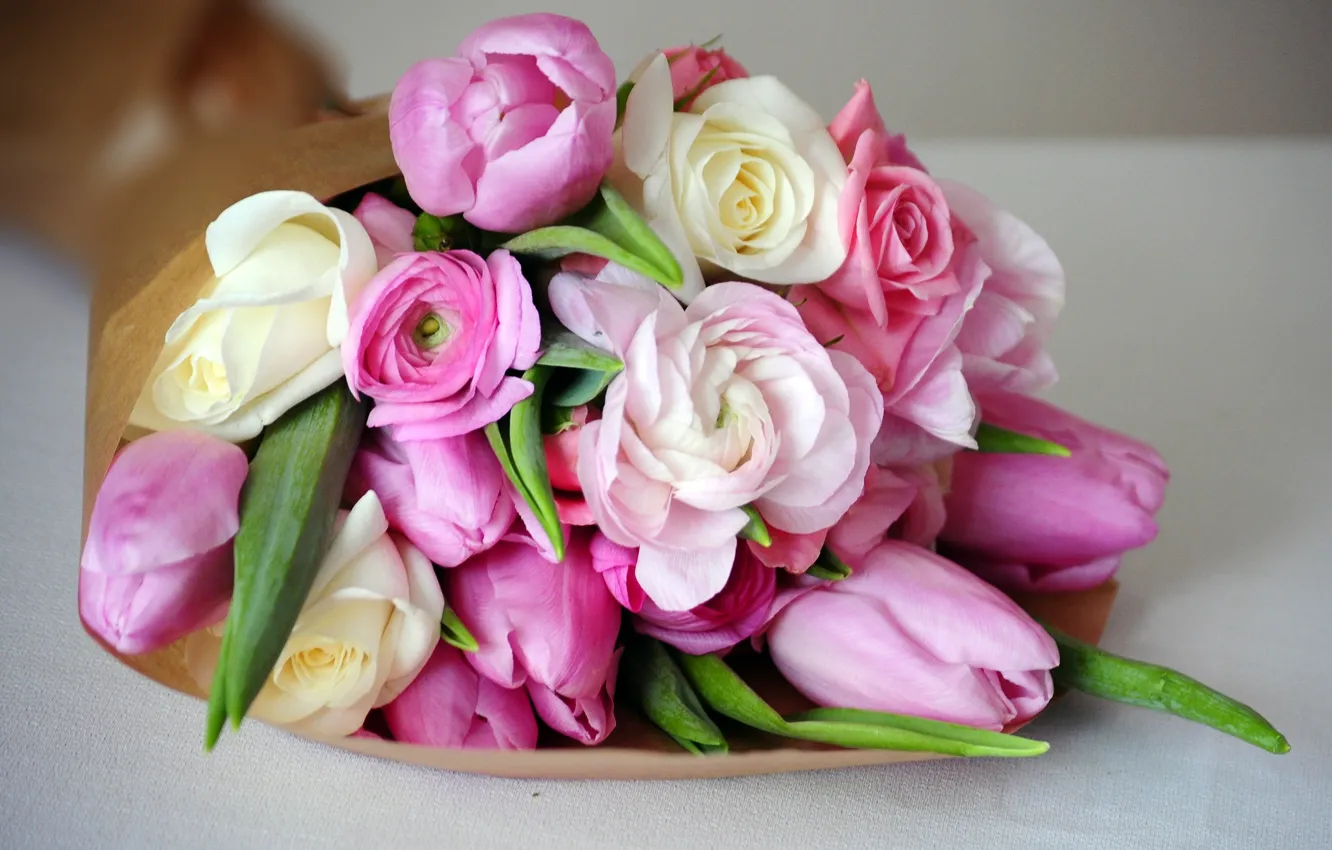 Photo wallpaper bouquet, tulips, pink, peonies, buttercups