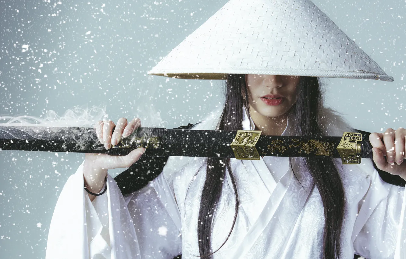 Photo wallpaper girl, snowflakes, face, style, background, hair, sword